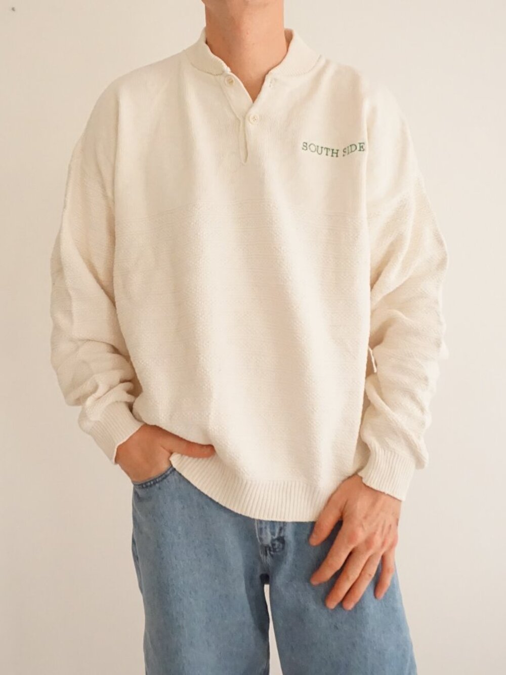 Vintage NEEF Cream South Side Embroidered Made USA Button Collar Knit Sweater 2X